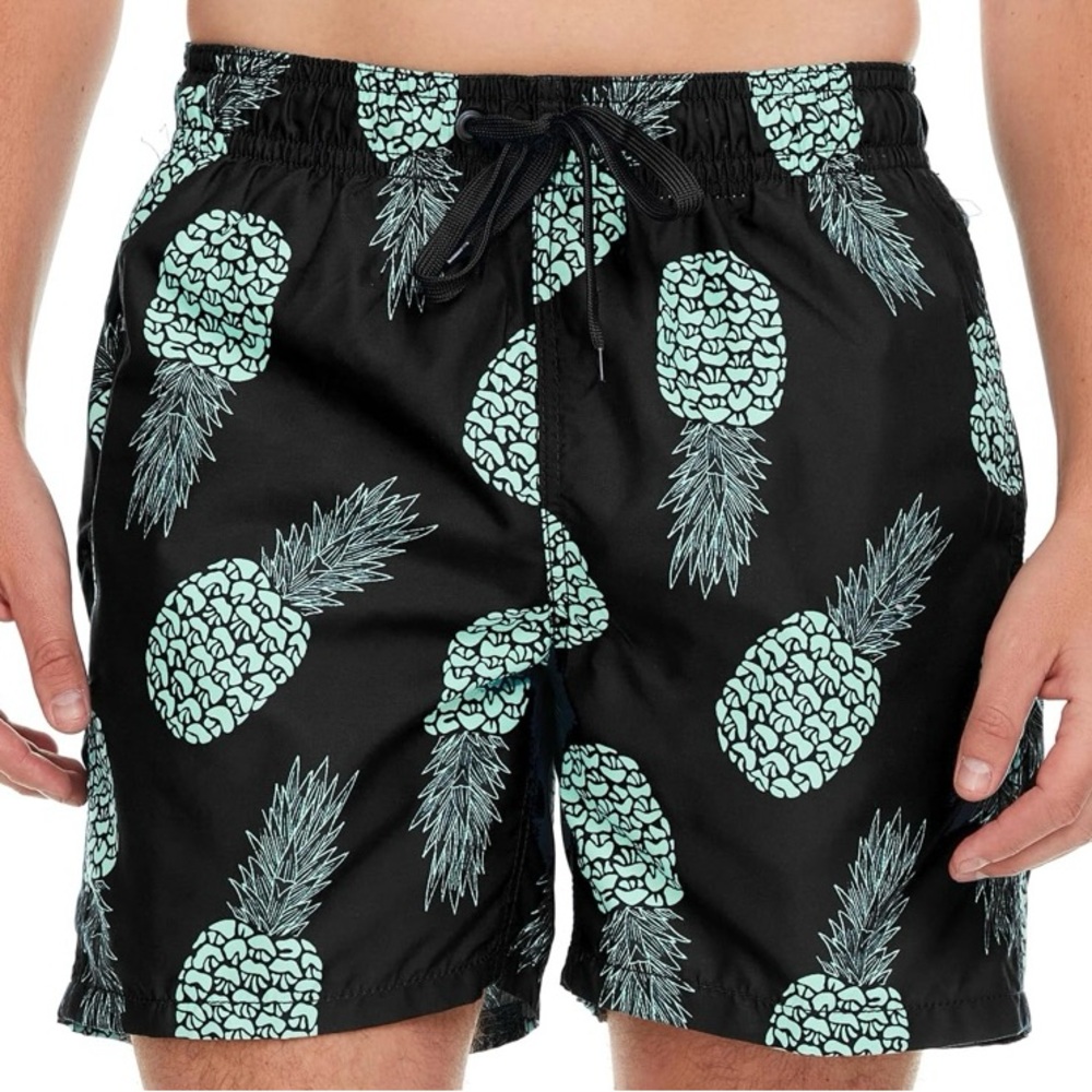Kanu Surf Black Swim Trunks with Mint Pineapple Print 10” inseam
